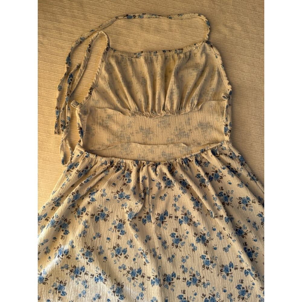 Shein Beige Blue Floral Ruffle Strappy Halter Sleeveless A-Line Sundress XS - Picture 4 of 6